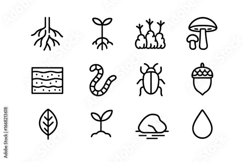 Forest Regeneration Icons. Outline icon set of forest regeneration: roots, seedling, moss, fungi, soil layers,
