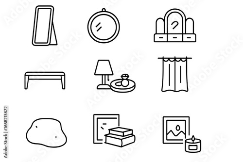 Bedroom Mirror Icons. Outline icon set of bedroom wall mirrors: floor mirror, round mirror, vanity mirror,