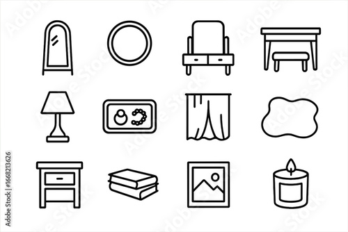Bedroom Mirror Icons. Outline icon set of bedroom wall mirrors: floor mirror, round mirror, vanity mirror,