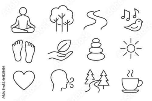 Forest Mindfulness Icons. Outline icon set of forest mindfulness walk: meditating person, tree canopy, stream,