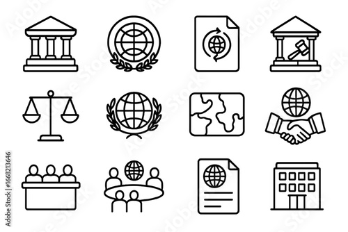 Global Trade Icons. Outline icon set of global trade organizations: WTO building, IMF symbol, GATT paper,