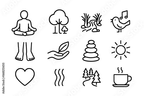 Forest Mindfulness Icons. Outline icon set of forest mindfulness walk: meditating person, tree canopy, stream,