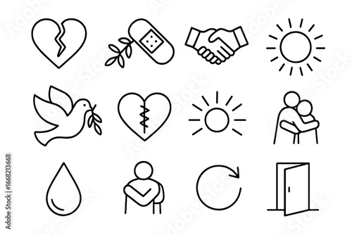 Forgiveness Icon Set. Outline icon set of forgiveness in friendships: broken heart, bandage, handshake, dove,