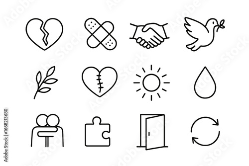Forgiveness Icon Set. Outline icon set of forgiveness in friendships: broken heart, bandage, handshake, dove,