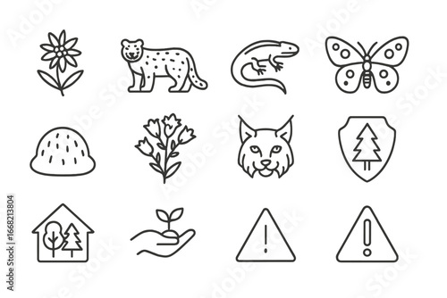 Alpine Species Icon Set. Outline icon set of endangered alpine species: edelweiss plant, snow leopard, alpine
