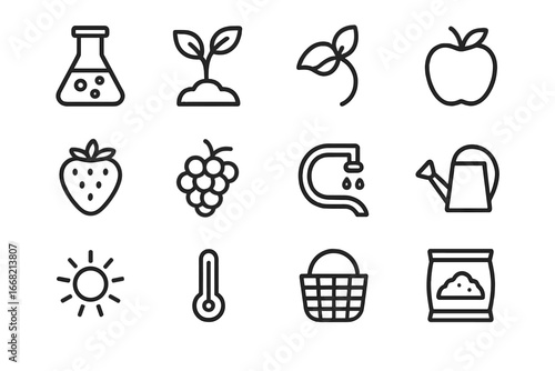 Fruit Breeding Icons. Outline icon set of experimental fruit breeding: lab flask, seedling, leaf, apple,