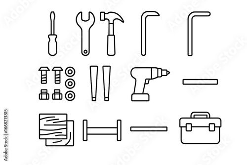 Furniture Assembly Icons. Outline icon set of assembling and disassembling furniture: screwdriver, wrench,