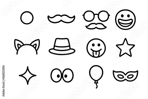Funny Face Filters. Outline icon set of funny face filters: clown nose, mustache, glasses, big smile, animal