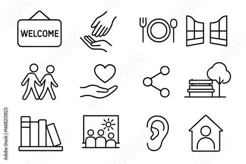 Social Inclusion Icons. Outline icon set of social inclusion: welcome sign, helping hands, meal share, open