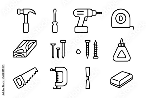 Furniture Building Icons. Outline icon set of furniture building: hammer, screwdriver, drill, measuring tape,