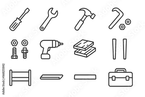 Furniture Assembly Icons. Outline icon set of assembling and disassembling furniture: screwdriver, wrench,