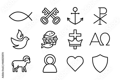 Apostolic Symbols Icons. Outline icon set of apostolic symbols and identity: fish symbol, keys of Peter,