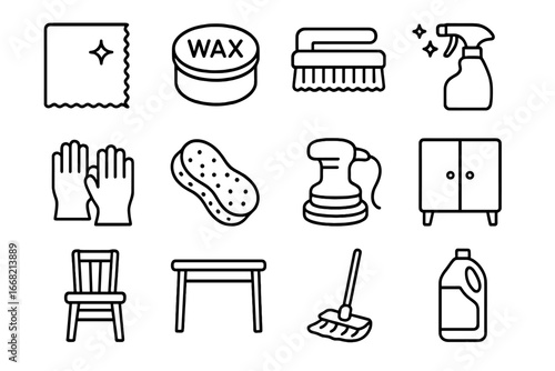 Furniture Cleaning Icons. Outline icon set of furniture cleaning and polishing tools: polishing cloth, wax,