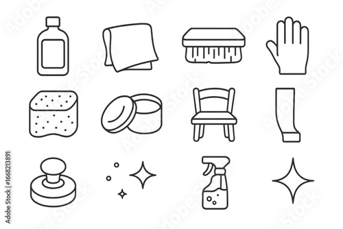 Furniture Polishing Icons. Outline icon set of furniture polishing routine: polish bottle, cloth, brush,