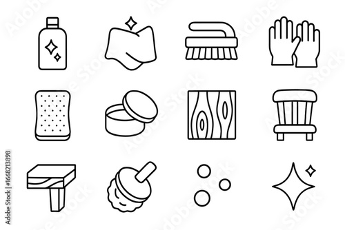 Furniture Cleaning Icons. Outline icon set of polishing and cleaning furniture: polish bottle, cloth, brush,