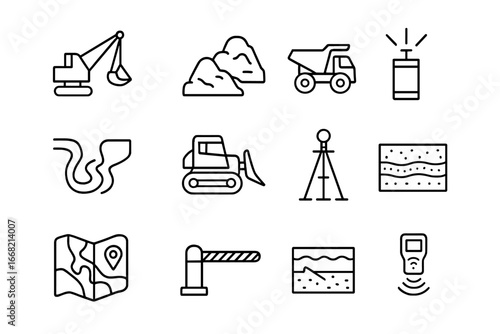Surface Mining Icons. Outline icon set of surface mining processes: dragline excavator, overburden dump, haul