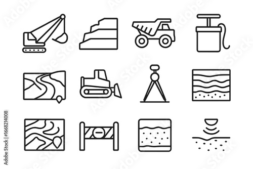 Surface Mining Icons. Outline icon set of surface mining processes: dragline excavator, overburden dump, haul