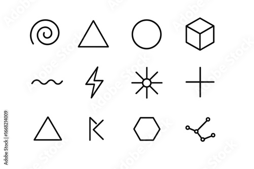 Galactic Mystery Icons. Outline icon set of galactic mystery symbols: spiral, triangle, circle, cube, wave,