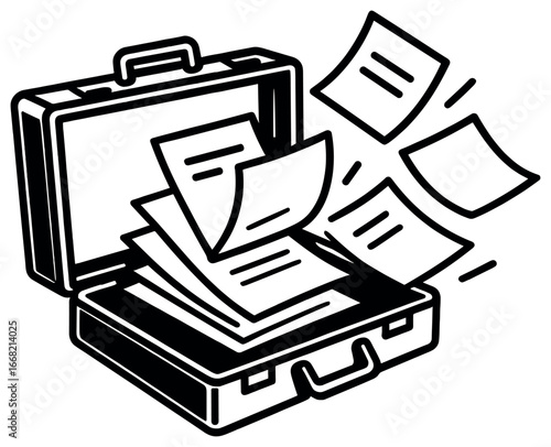 Business briefcase icon vector: exploding documents, office work, paper chaos concept
