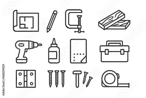 Weekend Shed Projects Icons. Outline icon set of weekend shed projects: blueprint, pencil, clamps, cut wood,