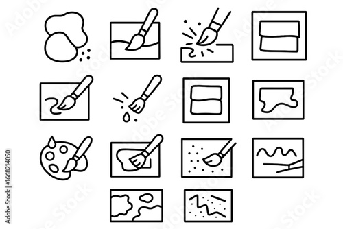 Watercolor Technique Icons. Outline icon set of watercolor techniques: wet-on-wet, dry brush, gradient wash,