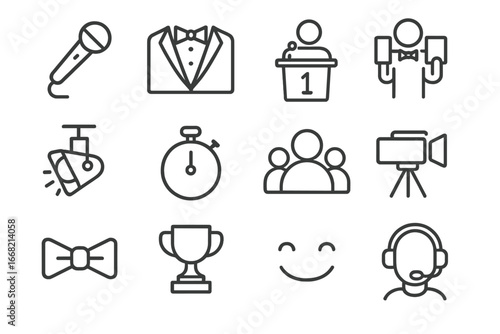 Game Show Icons. Outline icon set of game show hosts: microphone, tuxedo, podium, cue cards, spotlight, timer,