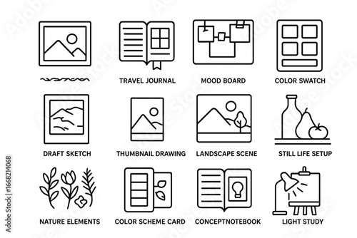 Watercolor Inspiration Icons. Outline icon set of artistic inspiration for watercolor: reference photo, travel