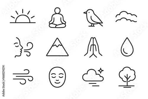 Sunrise Meditation Icons. Outline icon set of sunrise meditation practice: rising sun, seated silhouette,