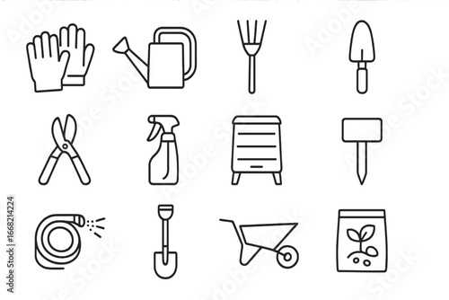 Garden Tools Icons. Outline icon set of garden maintenance: gloves, watering can, rake, trowel, garden shears,