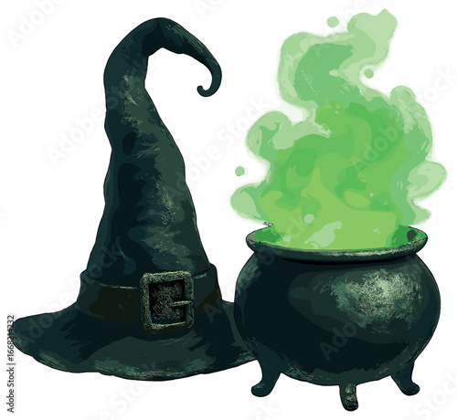 Magical witch's brew concept for halloween holiday - enchanted cauldron and hat vector