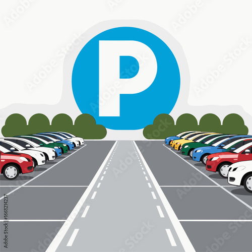 Outdoor parking lot with cars and a large 'P' sign. Flat vector illustration of a car park area.