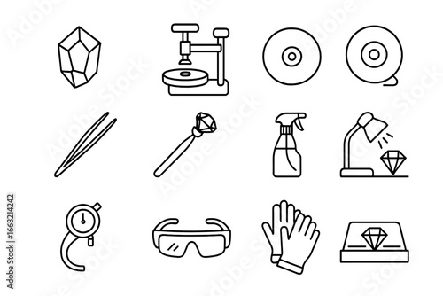Gemstone Craft Tool Icons. Outline icon set of gemstone cutting and polishing: raw crystal, faceting machine,