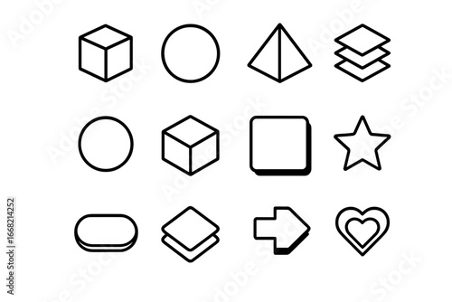 Geometric Icon Grid. Outline icon set of flat and 3D hybrid design: cube, sphere, pyramid, layered shapes,
