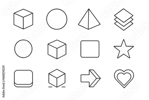 Geometric Icon Grid. Outline icon set of flat and 3D hybrid design: cube, sphere, pyramid, layered shapes,
