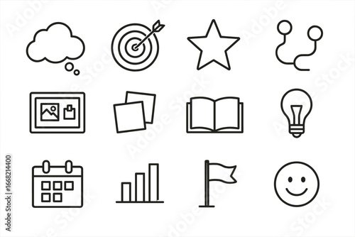 Goal Visualization Icons. Outline icon set of goal visualization: dream cloud, arrow hitting target, star,