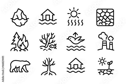 Global Warming Icons. Outline icon set of global warming impacts: melting iceberg, rising water level,