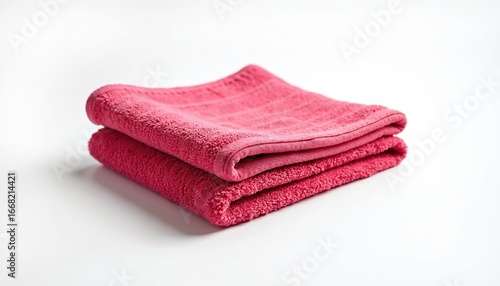 Two folded pink cotton towels with soft absorbent texture. Clean, laundered fabric detail isolated on white background. Ideal for bath, shower, or kitchen use, domestic, household textile.