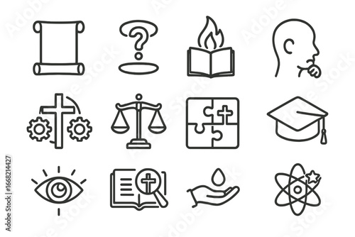 Theology Icon Set. Outline icon set of theology and doctrine symbols: open scroll, question mark halo, book