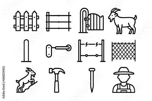 Goat Fencing Icons. Outline icon set of goat fencing: wooden fence, wire fence, gate, goat, post, latch,
