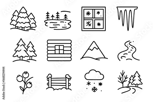 Winter Icon Set. Outline icon set of winter backdrop elements for photography: snowy forest, frozen lake,