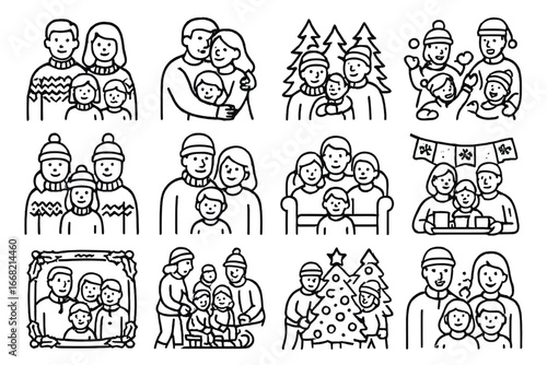 Winter Family Icons. Outline icon set of winter family portraits: family in sweaters, group hug, snowball