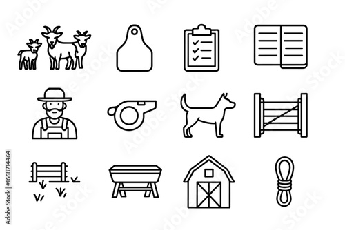 Goat Herd Icons. Outline icon set of goat herd management: goat herd, ear tag, clipboard, notebook, farmer,