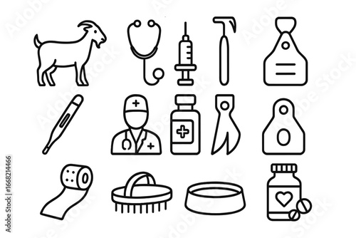 Goat Care Icons. Outline icon set of goat health care: goat, stethoscope, syringe, hoof pick, thermometer, vet