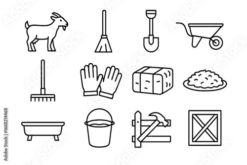 Goat Pen Icon Set. Outline icon set of goat pen maintenance: goat, broom, shovel, wheelbarrow, rake, gloves,