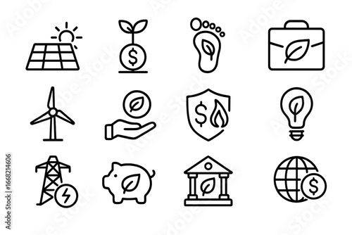 Green Finance Icons. Outline icon set of green finance: solar panel, money plant, carbon footprint,