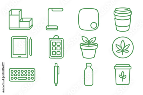 Green Workspace Icons. Outline icon set of green workspace essentials: bamboo desk organizer, LED lamp, cork