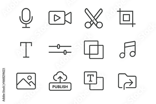 Content Creation Icons. Outline icon set of content creation tools: microphone, video recorder, editing