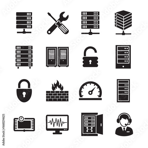 Computer server security icons black silhouette featuring locks firewalls and network equipment for digital safety
