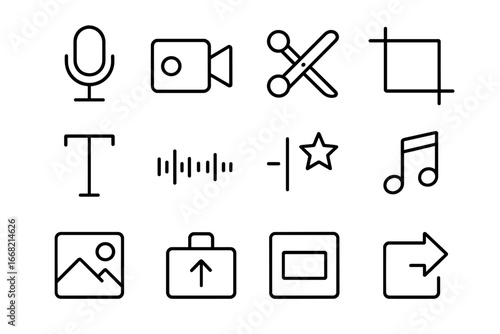 Content Creation Icons. Outline icon set of content creation tools: microphone, video recorder, editing
