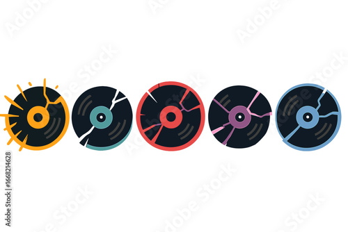 Five cracked vinyl records with colorful accents and radiating lines